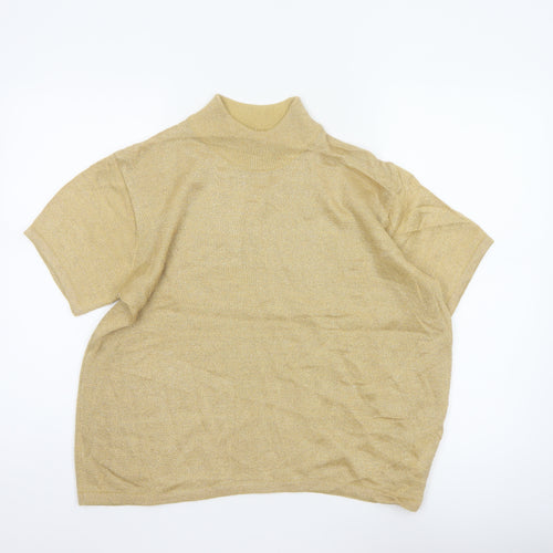 Joan Leslie Women Gold Lurex Knit Mock Neck Short Sleeve Jumper L