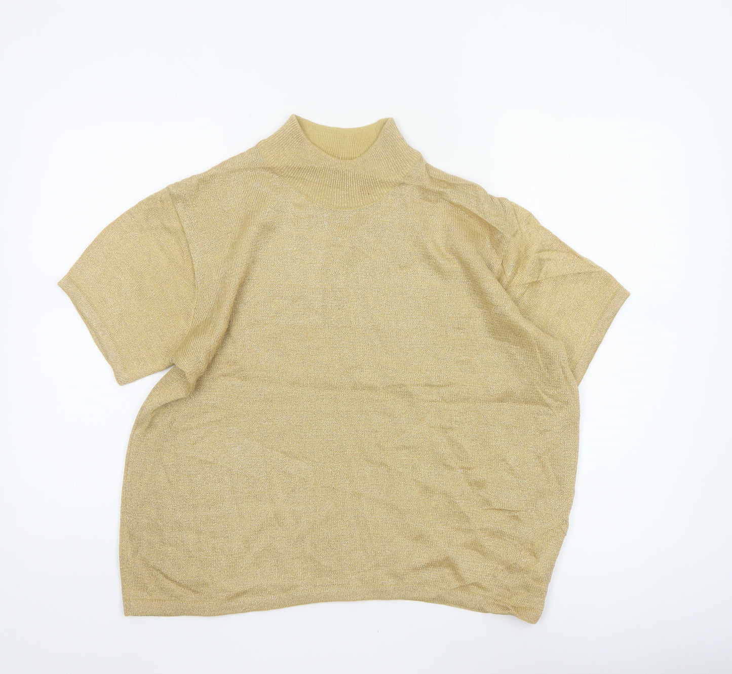 Joan Leslie Women Gold Lurex Knit Mock Neck Short Sleeve Jumper L
