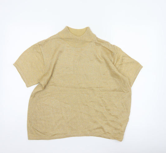 Joan Leslie Women Gold Lurex Knit Mock Neck Short Sleeve Jumper L
