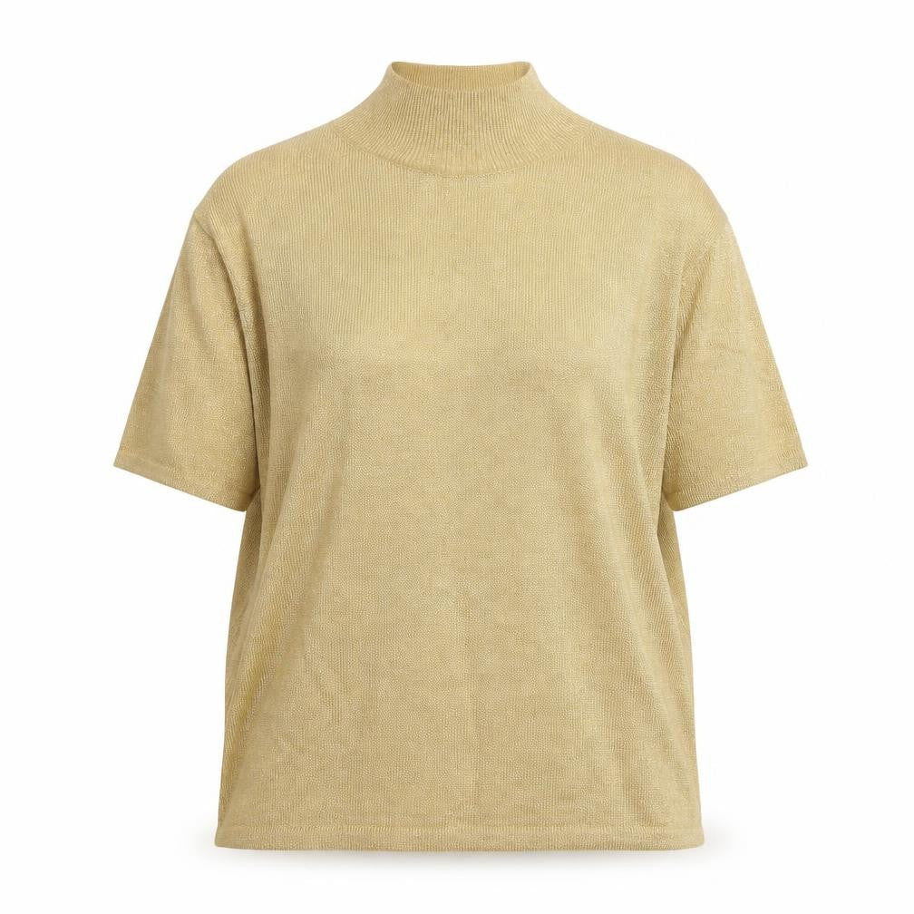 Joan Leslie Women Gold Lurex Knit Mock Neck Short Sleeve Jumper L