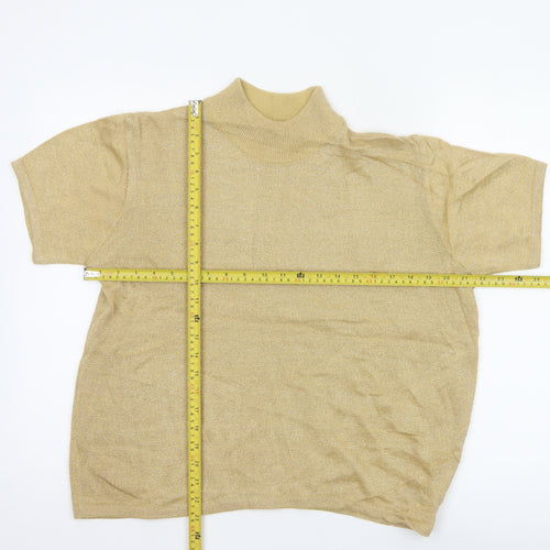 Joan Leslie Women Gold Lurex Knit Mock Neck Short Sleeve Jumper L