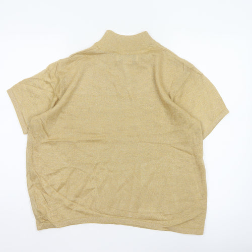 Joan Leslie Women Gold Lurex Knit Mock Neck Short Sleeve Jumper L