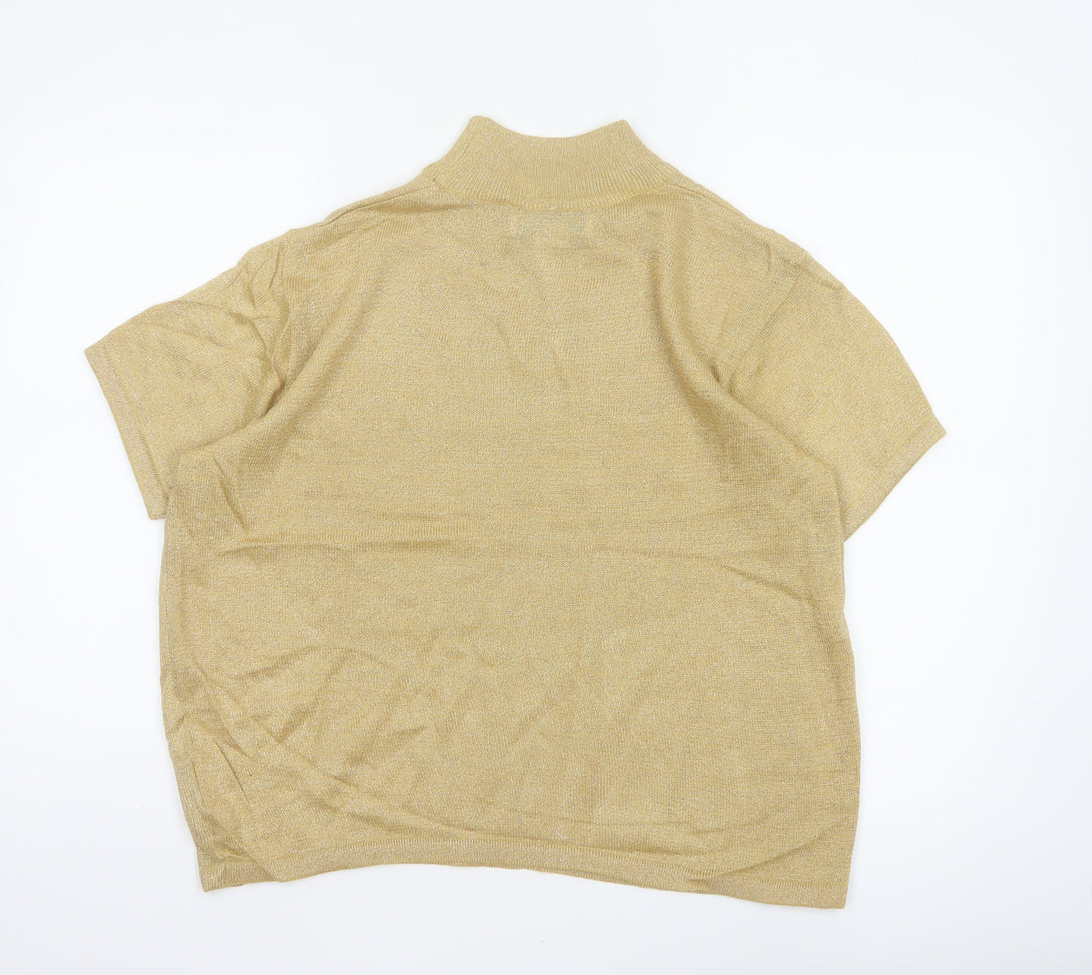 Joan Leslie Women Gold Lurex Knit Mock Neck Short Sleeve Jumper L
