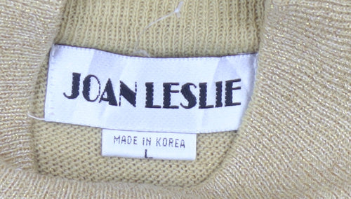 Joan Leslie Women Gold Lurex Knit Mock Neck Short Sleeve Jumper L