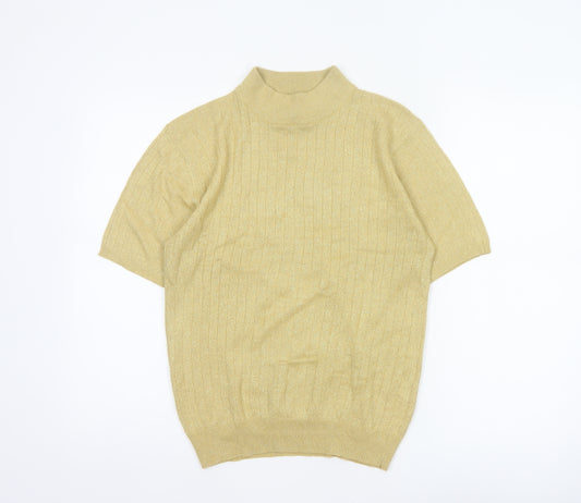 Saco Harbor Women Gold Metallic Rib Knit Mock Neck Short Sleeve Jumper S