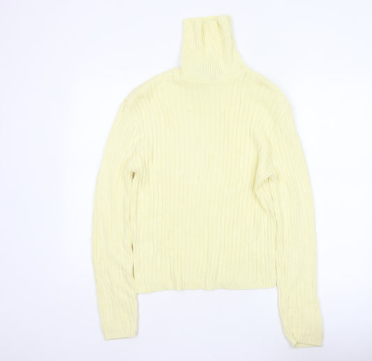 Forever Women Yellow M Ribbed Cotton High Neck Pullover Jumper
