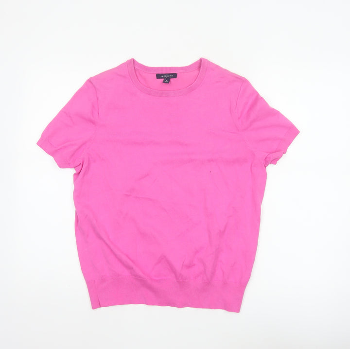 Lands' End Women Pink UK 14 Short Sleeve Crew Neck Knit Jumper