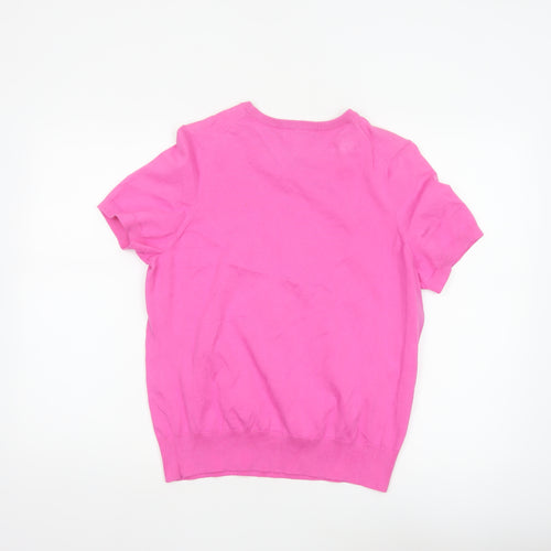 Lands' End Women Pink UK 14 Short Sleeve Crew Neck Knit Jumper