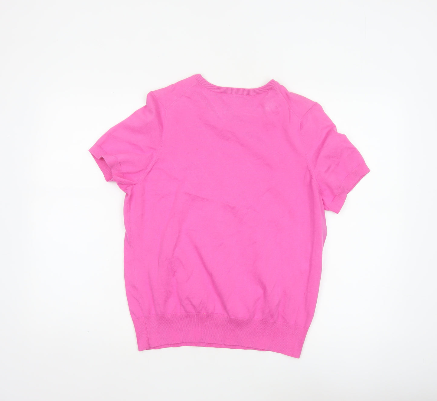 Lands' End Women Pink UK 14 Short Sleeve Crew Neck Knit Jumper