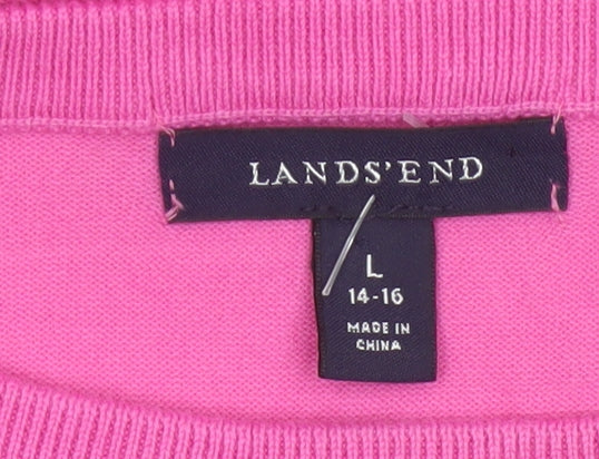 Lands' End Women Pink UK 14 Short Sleeve Crew Neck Knit Jumper