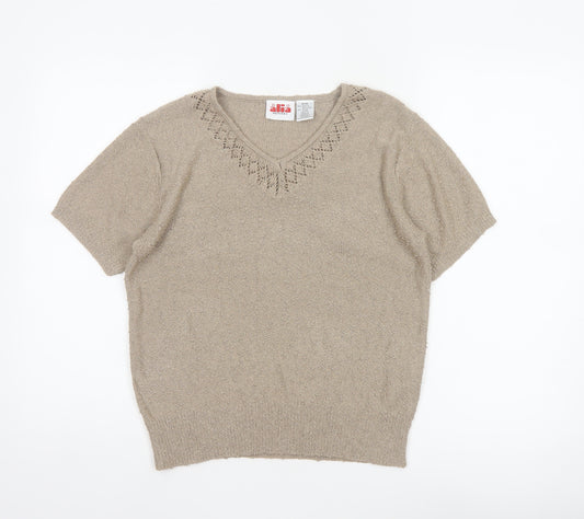 Alia Women’s Beige Petite M Open Knit V-Neck Short Sleeve Jumper