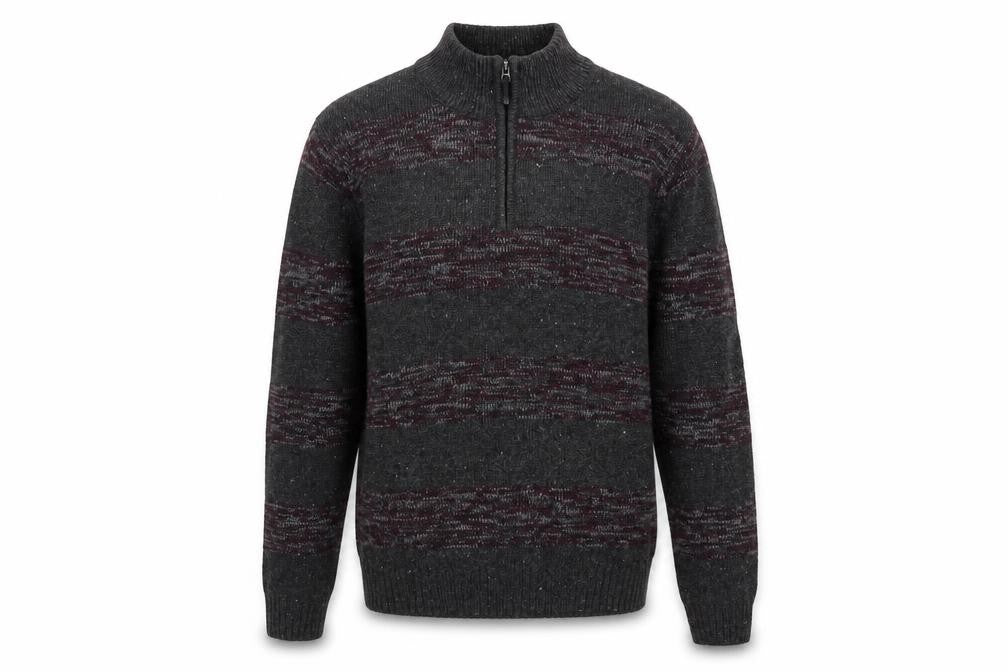 Front view of Method Men’s Grey M 1/4 Zip Mock Neck Striped Knit Jumper