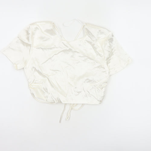 Zara Women Ivory M Satin Cropped Tie Back Puff Sleeve Blouse