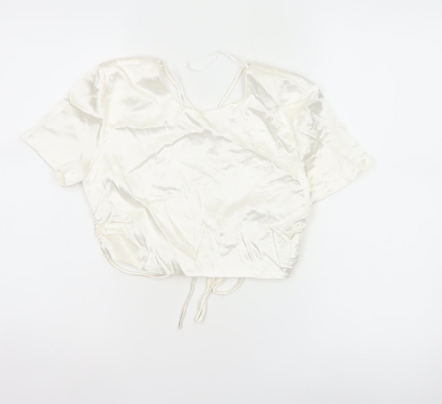 Zara Women Ivory M Satin Cropped Tie Back Puff Sleeve Blouse