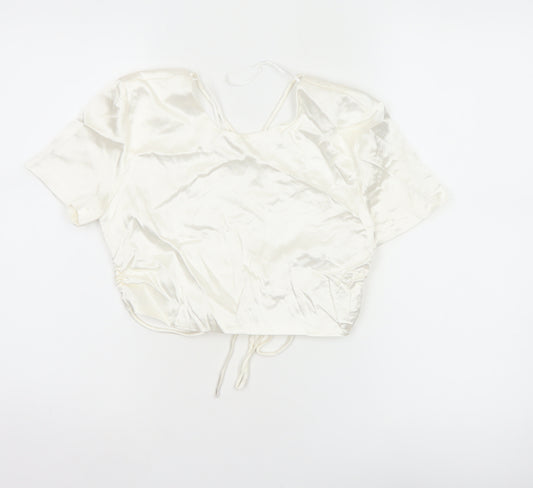 Zara Women Ivory M Satin Cropped Tie Back Puff Sleeve Blouse