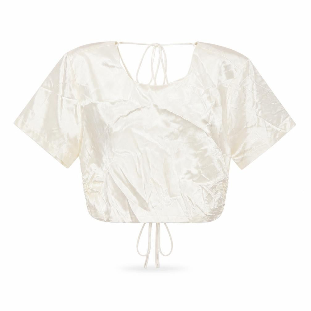 Zara Women Ivory M Satin Cropped Tie Back Puff Sleeve Blouse