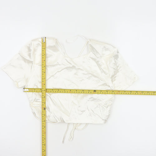 Zara Women Ivory M Satin Cropped Tie Back Puff Sleeve Blouse