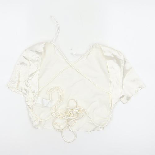 Zara Women Ivory M Satin Cropped Tie Back Puff Sleeve Blouse