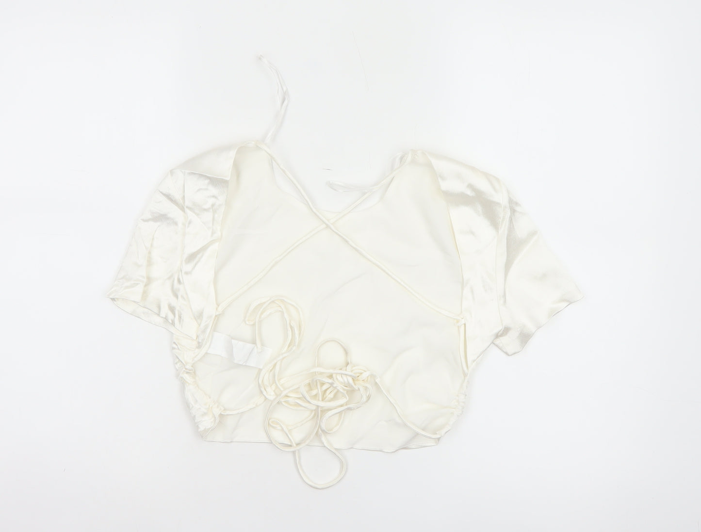Zara Women Ivory M Satin Cropped Tie Back Puff Sleeve Blouse