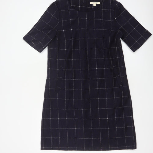 White Stuff Women’s Navy Check Shift Dress UK 12 Wool Blend Bell Sleeve