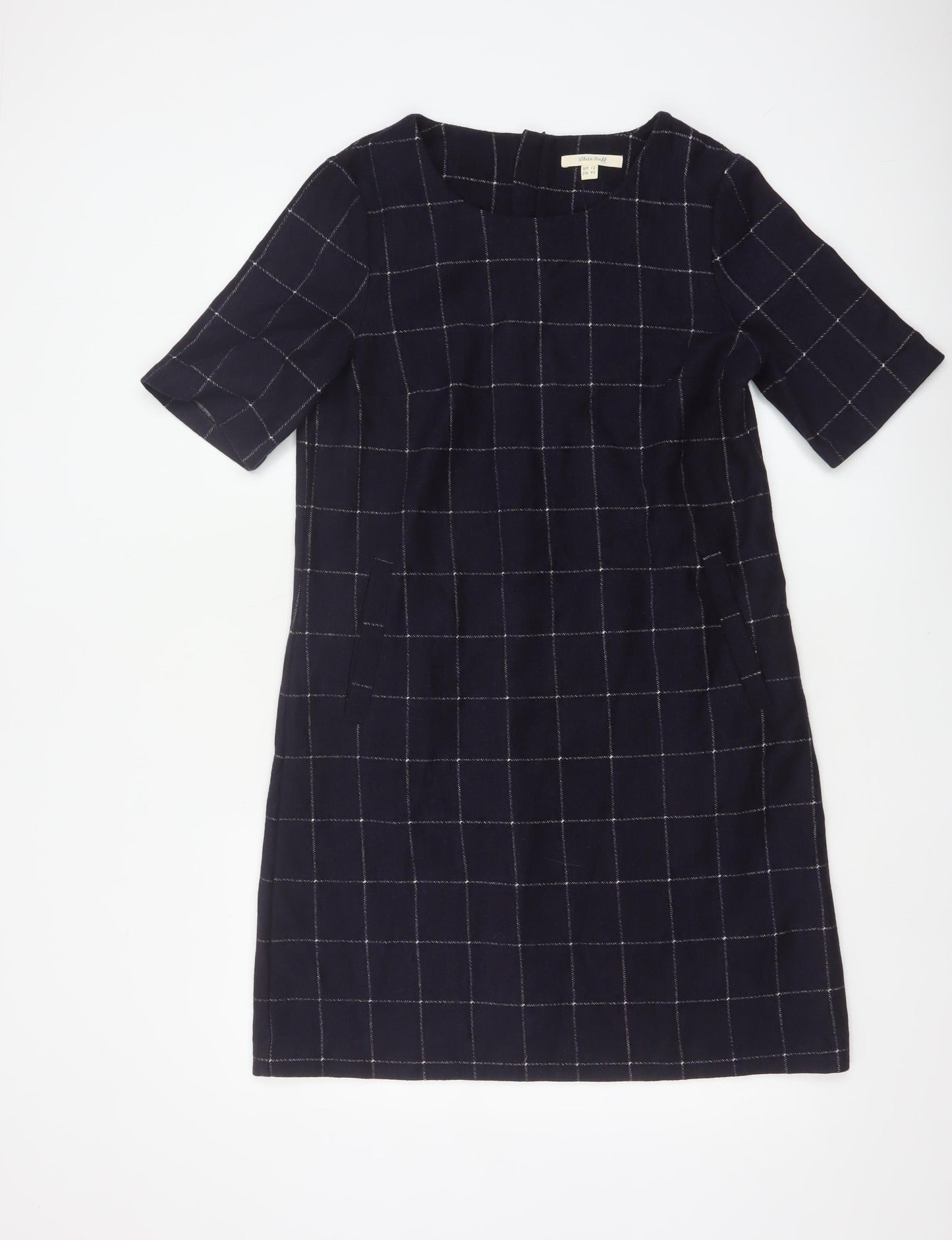 White Stuff Women’s Navy Check Shift Dress UK 12 Wool Blend Bell Sleeve
