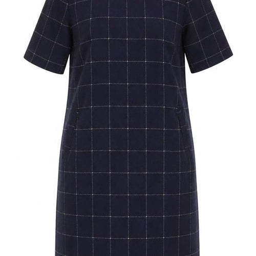 White Stuff Women’s Navy Check Shift Dress UK 12 Wool Blend Bell Sleeve