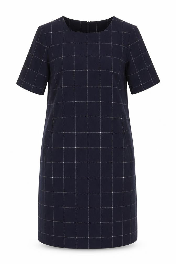 White Stuff Women’s Navy Check Shift Dress UK 12 Wool Blend Bell Sleeve