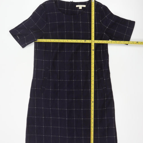 White Stuff Women’s Navy Check Shift Dress UK 12 Wool Blend Bell Sleeve