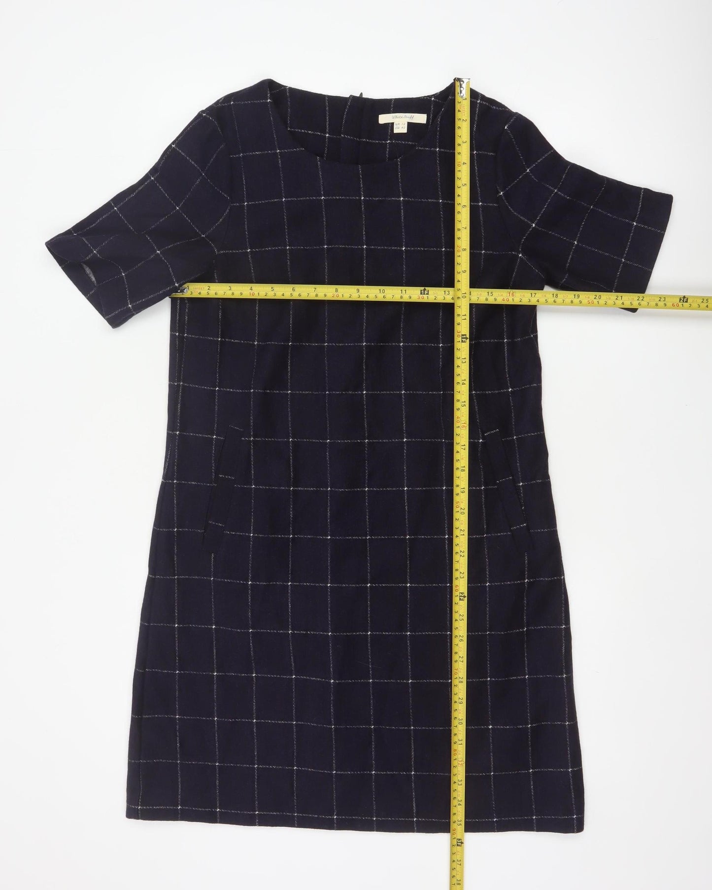 White Stuff Women’s Navy Check Shift Dress UK 12 Wool Blend Bell Sleeve