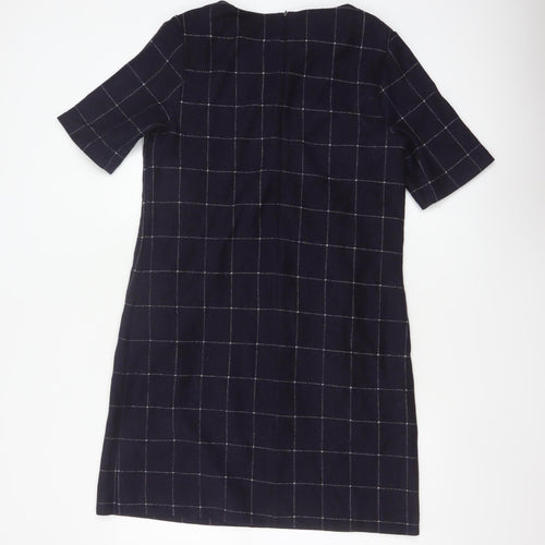 White Stuff Women’s Navy Check Shift Dress UK 12 Wool Blend Bell Sleeve
