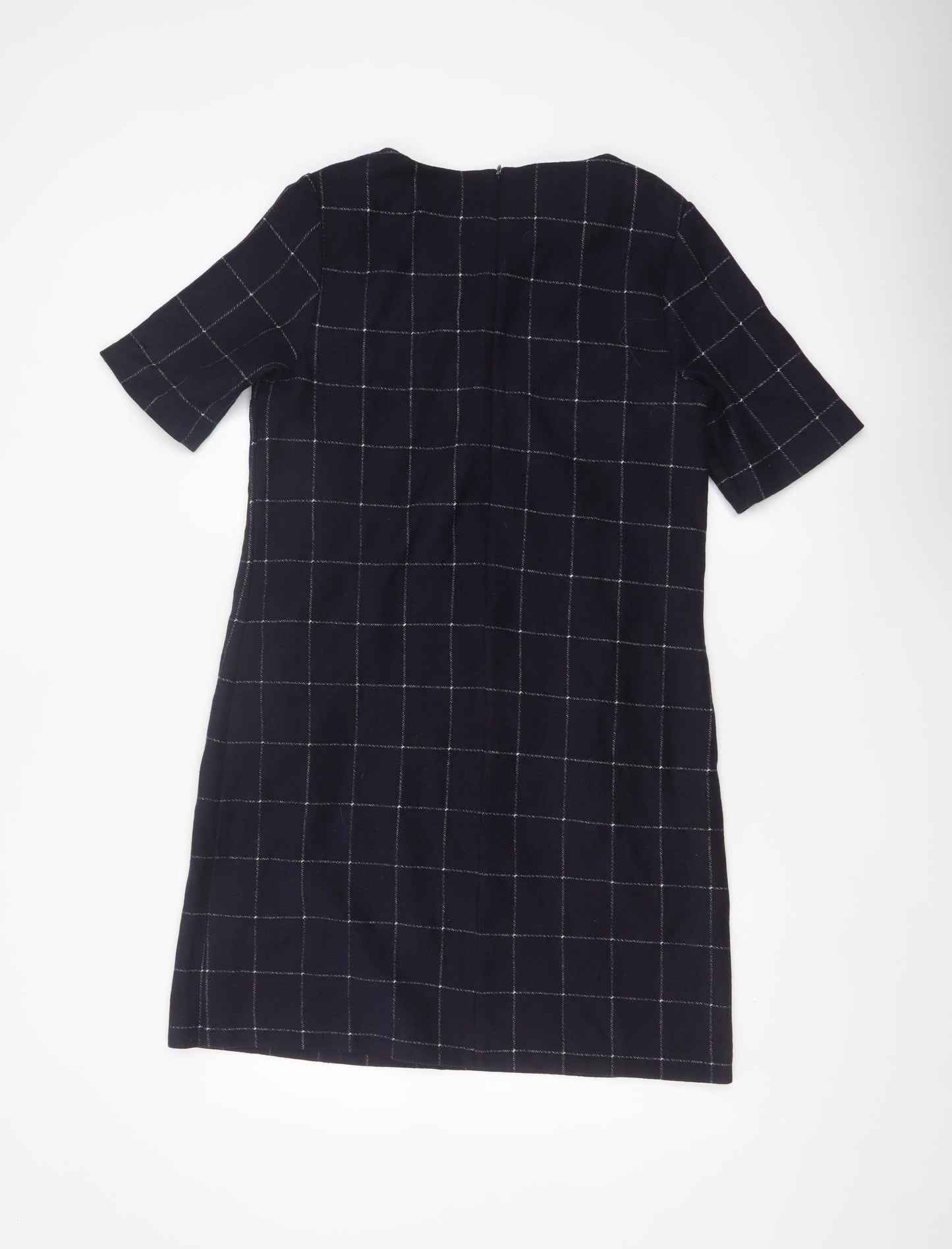 White Stuff Women’s Navy Check Shift Dress UK 12 Wool Blend Bell Sleeve