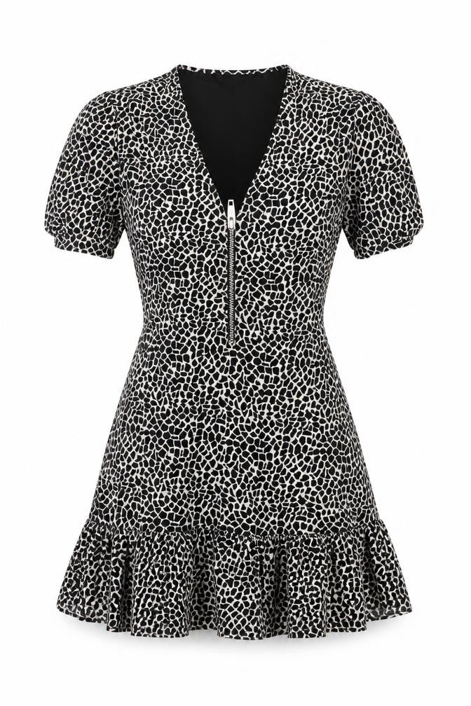 The Kooples Women Black & White XS Fit & Flare Animal Print Dress