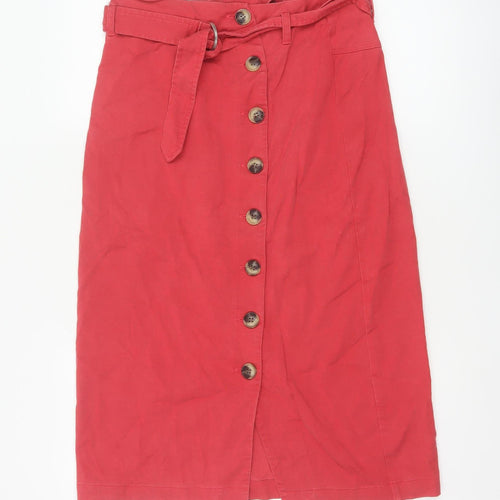 Oliver Bonas Women Red Size 10 Midi Pencil Skirt Belted Button Front