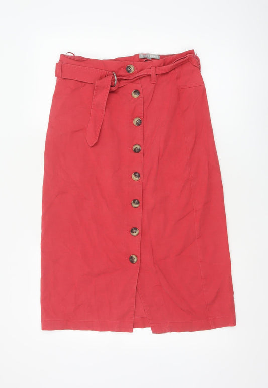 Oliver Bonas Women Red Size 10 Midi Pencil Skirt Belted Button Front