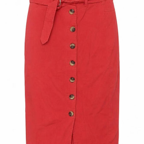 Oliver Bonas Women Red Size 10 Midi Pencil Skirt Belted Button Front