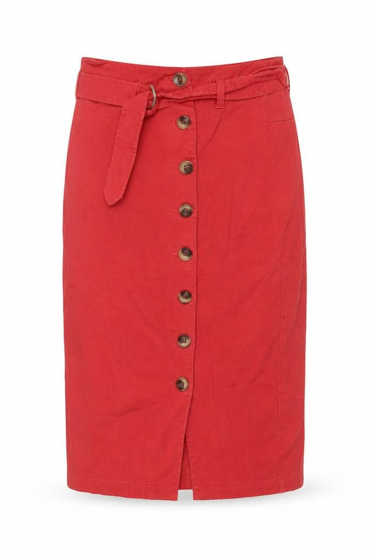 Oliver Bonas Women Red Size 10 Midi Pencil Skirt Belted Button Front