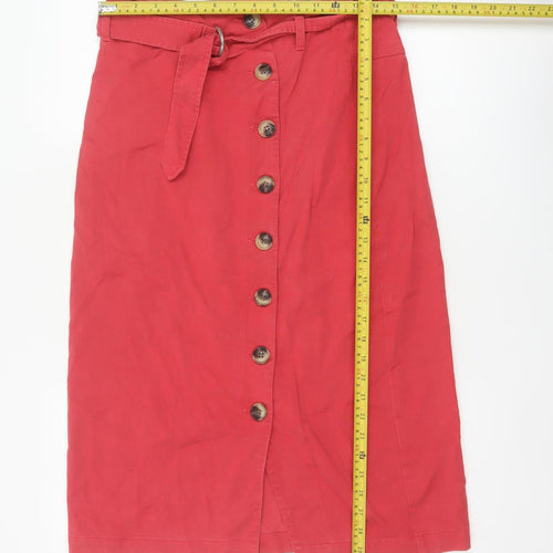 Oliver Bonas Women Red Size 10 Midi Pencil Skirt Belted Button Front