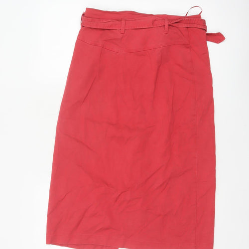 Oliver Bonas Women Red Size 10 Midi Pencil Skirt Belted Button Front