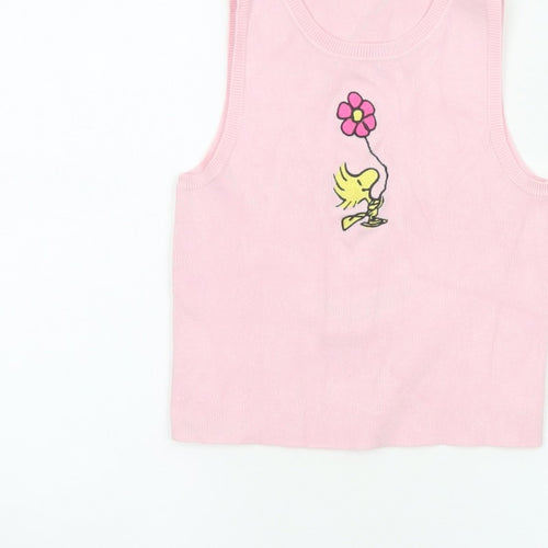 Snoopy Women’s Pink XS Knit Tank Top Woodstock Flower Cartoon