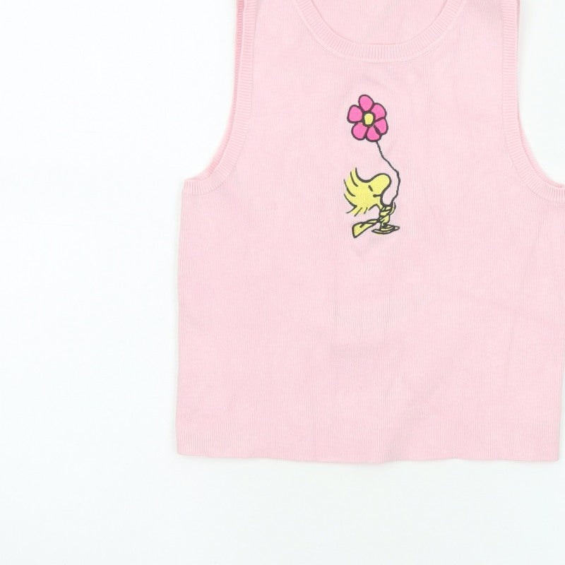 Snoopy Women’s Pink XS Knit Tank Top Woodstock Flower Cartoon