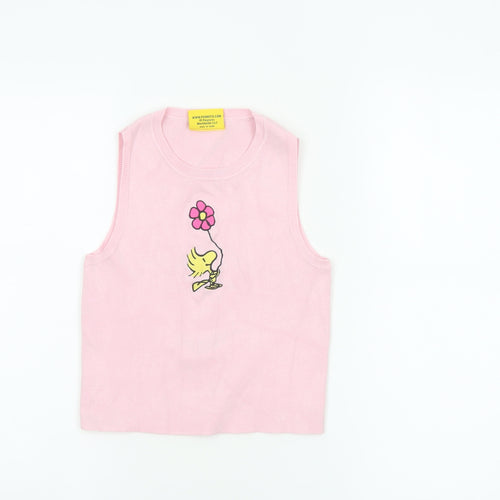 Snoopy Women’s Pink XS Knit Tank Top Woodstock Flower Cartoon