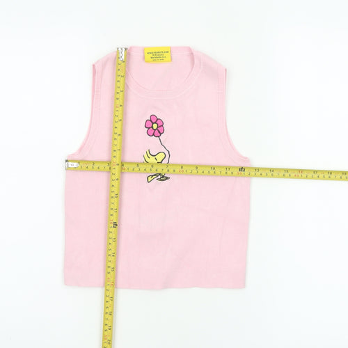 Snoopy Women’s Pink XS Knit Tank Top Woodstock Flower Cartoon