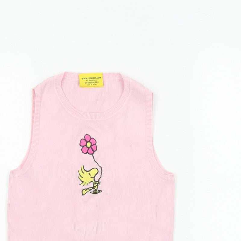 Snoopy Women’s Pink XS Knit Tank Top Woodstock Flower Cartoon