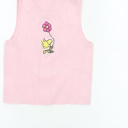 Snoopy Women’s Pink XS Knit Tank Top Woodstock Flower Cartoon