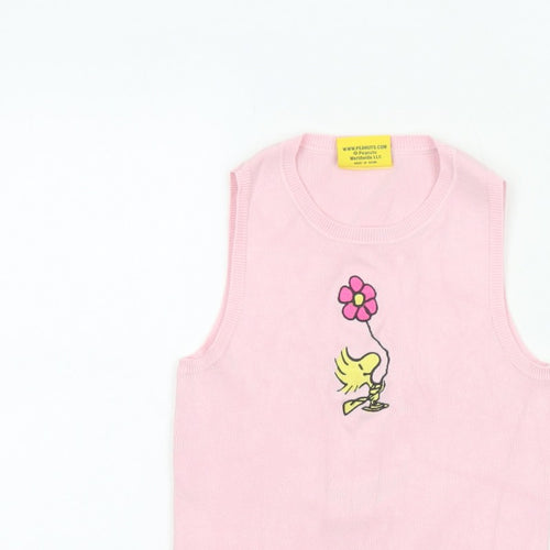 Snoopy Women’s Pink XS Knit Tank Top Woodstock Flower Cartoon