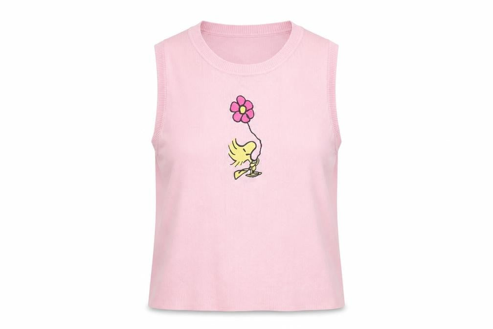 Snoopy Women’s Pink XS Knit Tank Top Woodstock Flower Cartoon