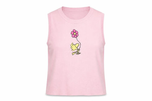 Snoopy Women’s Pink XS Knit Tank Top Woodstock Flower Cartoon