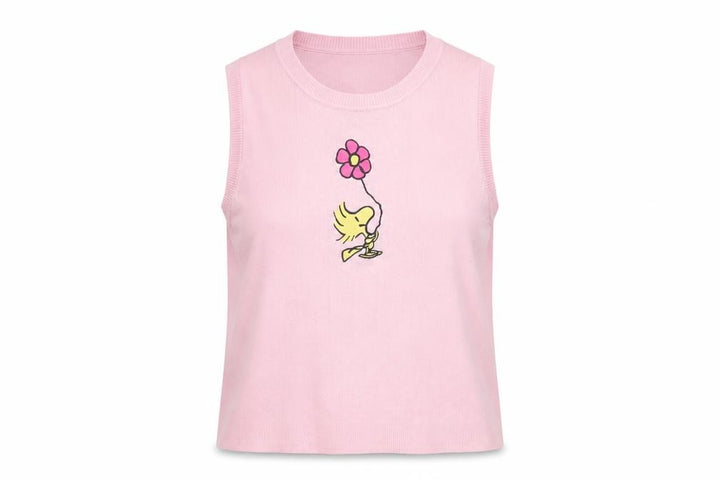 Front view of Snoopy Women’s Pink XS Knit Tank Top Woodstock Flower Cartoon