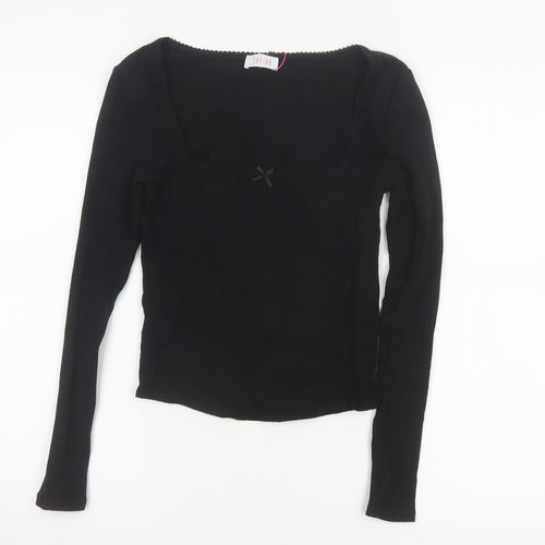 Savida Women Black XS Square Neck Bow Long Sleeve Cropped Stretch Top
