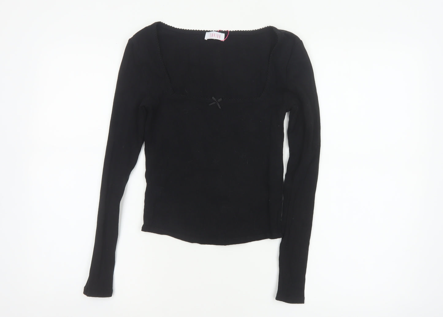 Savida Women Black XS Square Neck Bow Long Sleeve Cropped Stretch Top